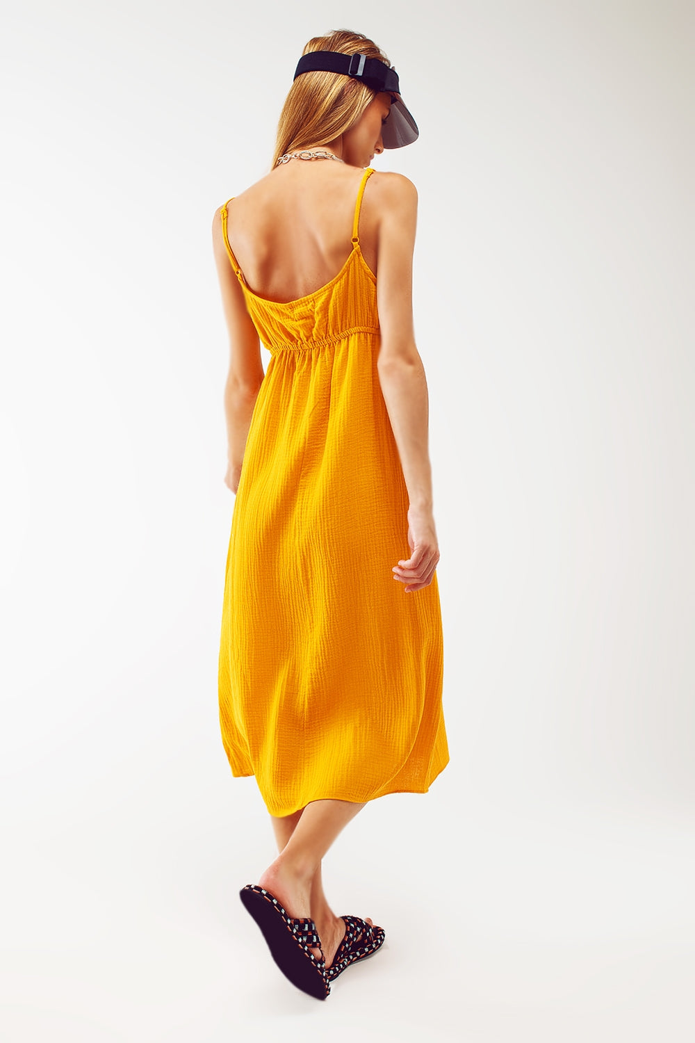 maxi yellow summer dress with straps and gathered waist