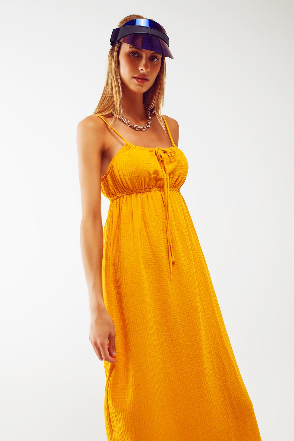 maxi yellow summer dress with straps and gathered waist