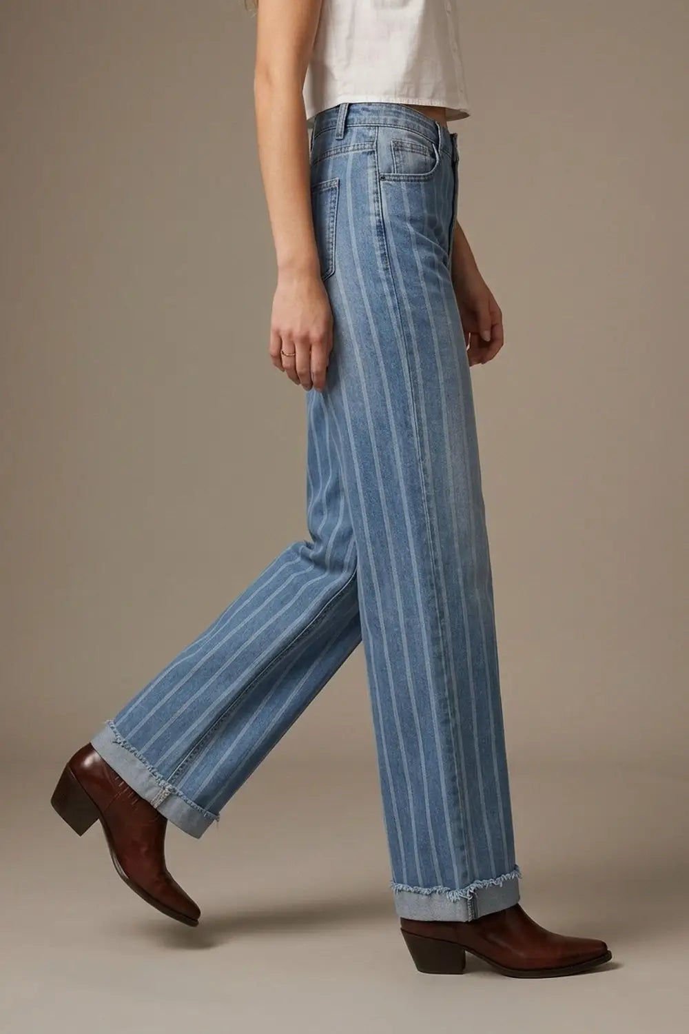 Q2 medium wash Blue Jeans with Stripe Design and Frayed Wide Leg