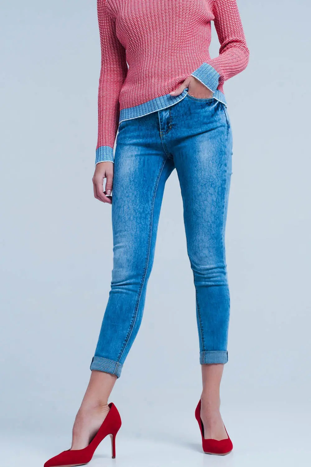 Medium wash skinny jeans with leopard print - Jeans