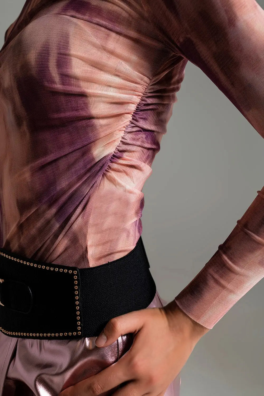 Mesh Top Rouched At The Side In Abstract Pink Print - Tops