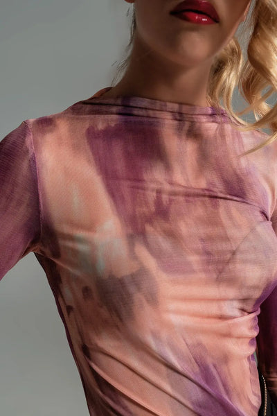 Mesh Top Rouched At The Side In Abstract Pink Print - Tops