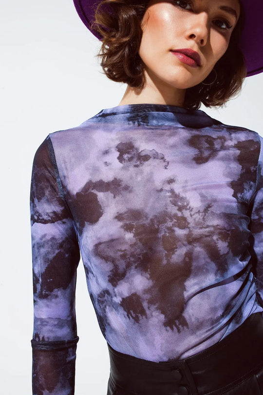Mesh Top Rouched At The Side In Abstract Purple Print - Tops