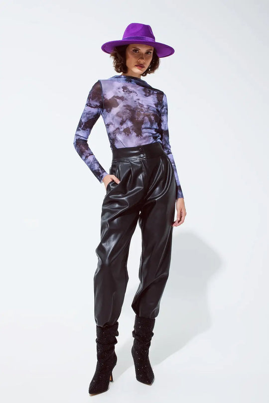 Mesh Top Rouched At The Side In Abstract Purple Print - Tops
