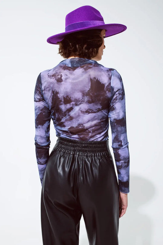 Mesh Top Rouched At The Side In Abstract Purple Print - Tops