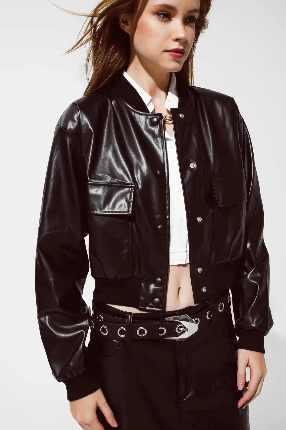 Metallic Bomber Jacket With Front Pockets in black - Coats and Jackets