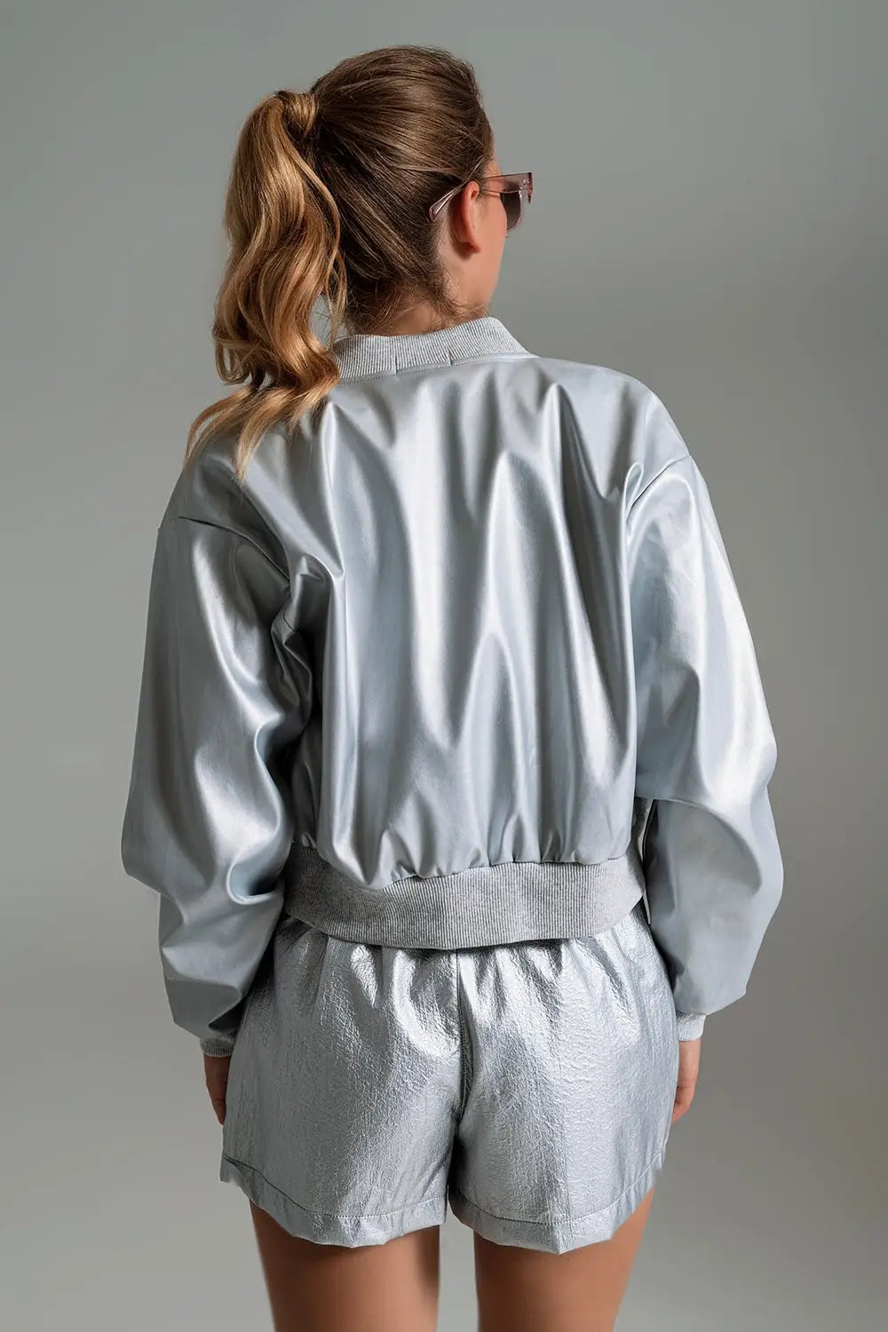 Metallic Bomber Jacket With Front Pockets in Silver - Coats and Jackets