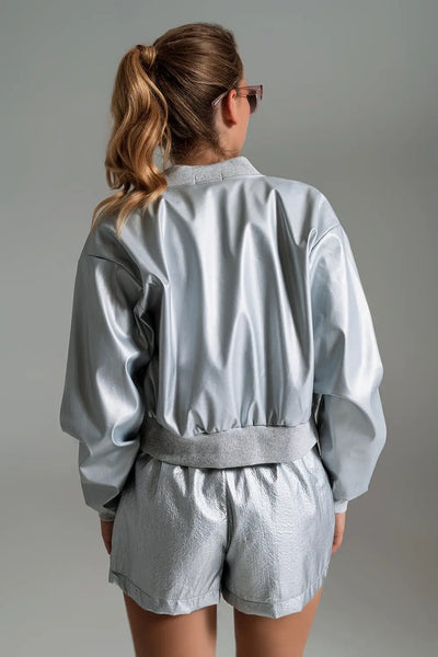 Metallic Bomber Jacket With Front Pockets in Silver - Coats and Jackets