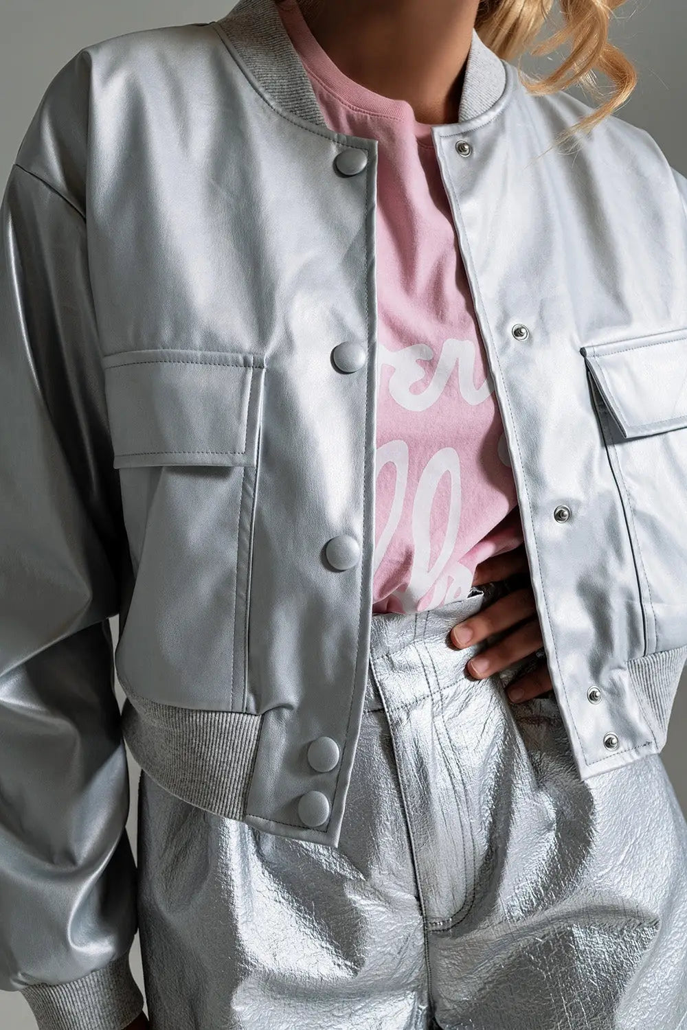 Metallic Bomber Jacket With Front Pockets in Silver - Coats and Jackets