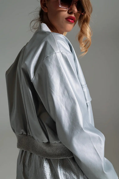 Metallic Bomber Jacket With Front Pockets in Silver - Coats and Jackets
