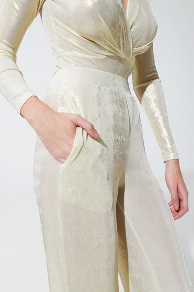 Metallic Finish Flared Legging in Pearl White.