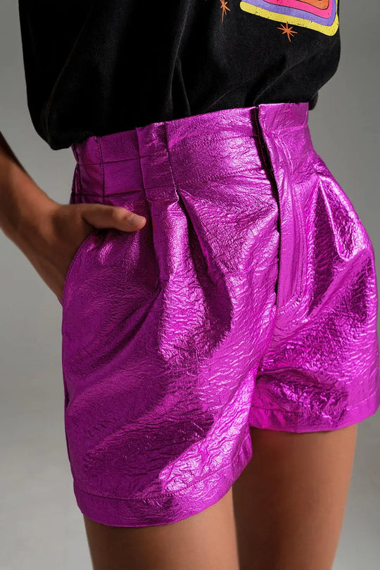 Metallic Shorts With Front Dart in Fuchsia - Pants