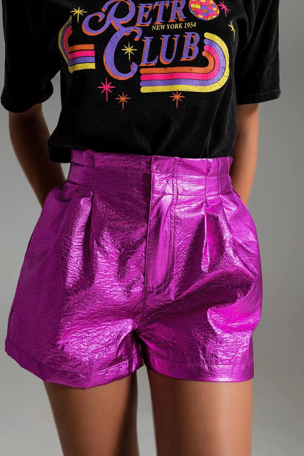 Metallic Shorts With Front Dart in Fuchsia - Pants