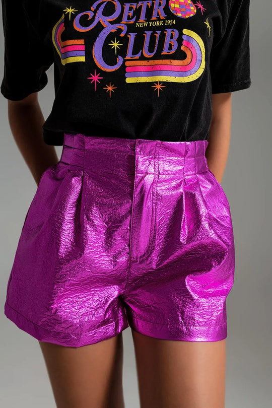 Metallic Shorts With Front Dart in Fuchsia - Pants