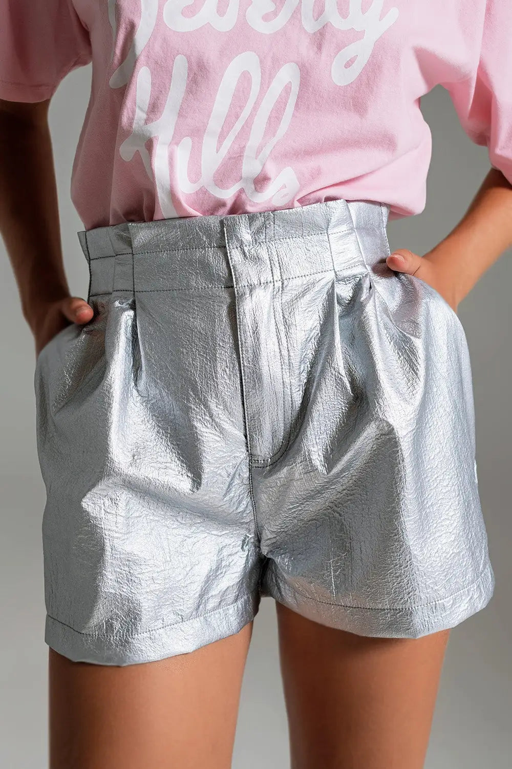 Metallic Shorts With Front Dart in Silver - Pants