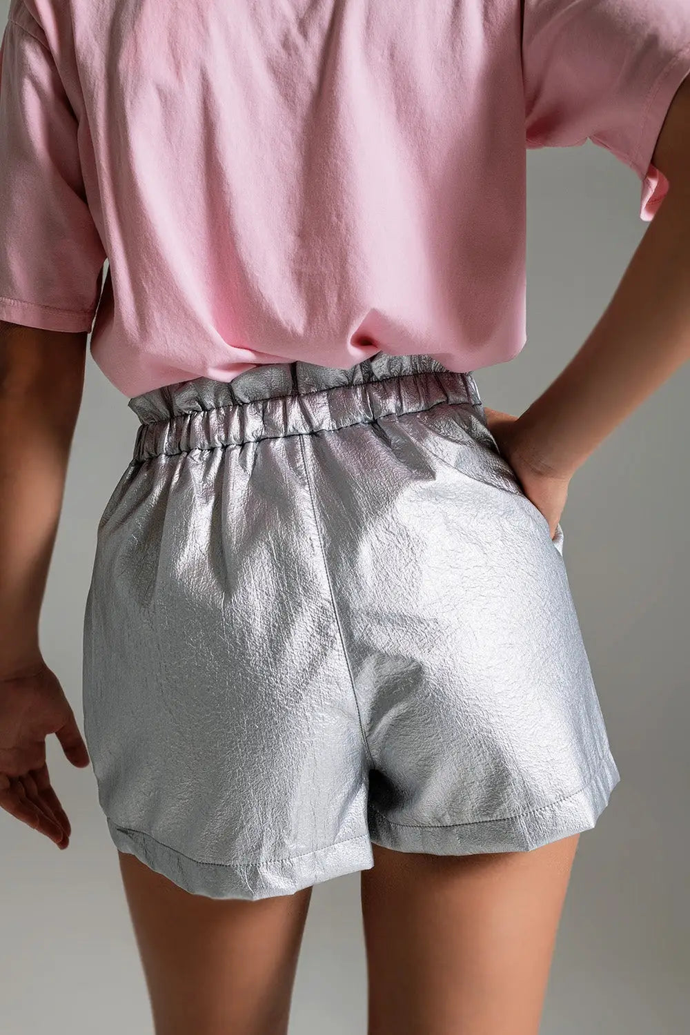 Metallic Shorts With Front Dart in Silver - Pants