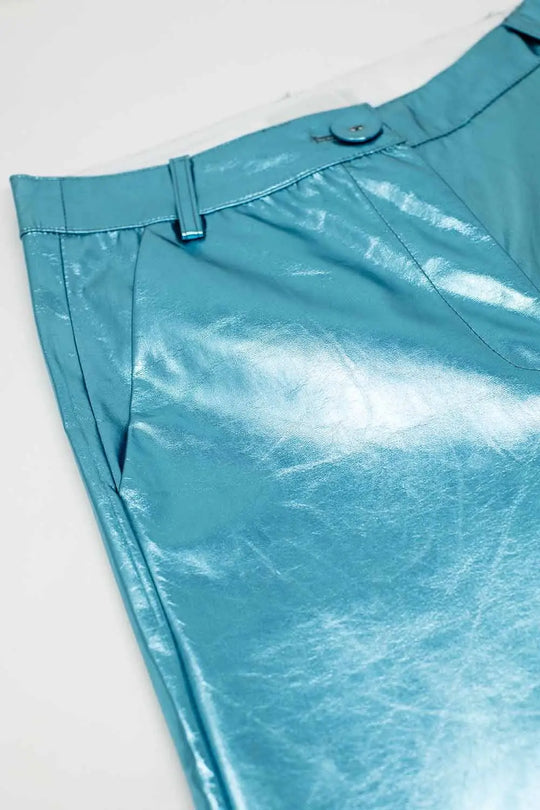 Metallic Straight Leg Pants in Blue - Pants
