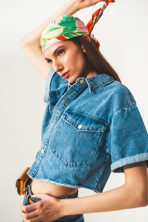 Q2 mid-blue wash denim cropped jacket