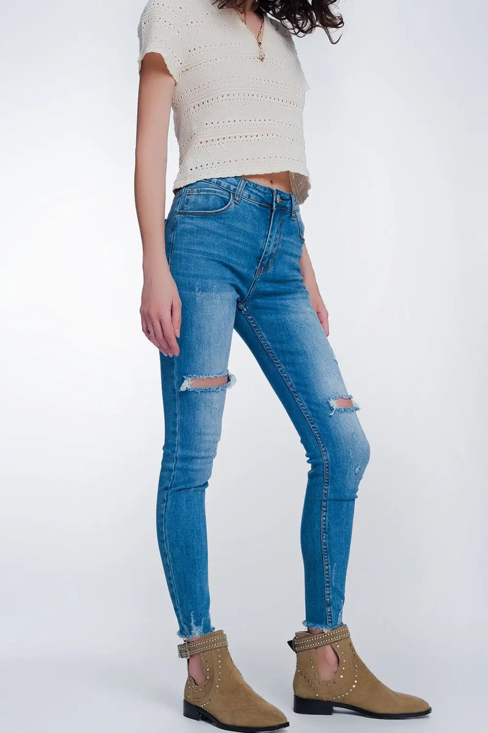 Mid denim super skinny jeans with holes in the knees - Jeans
