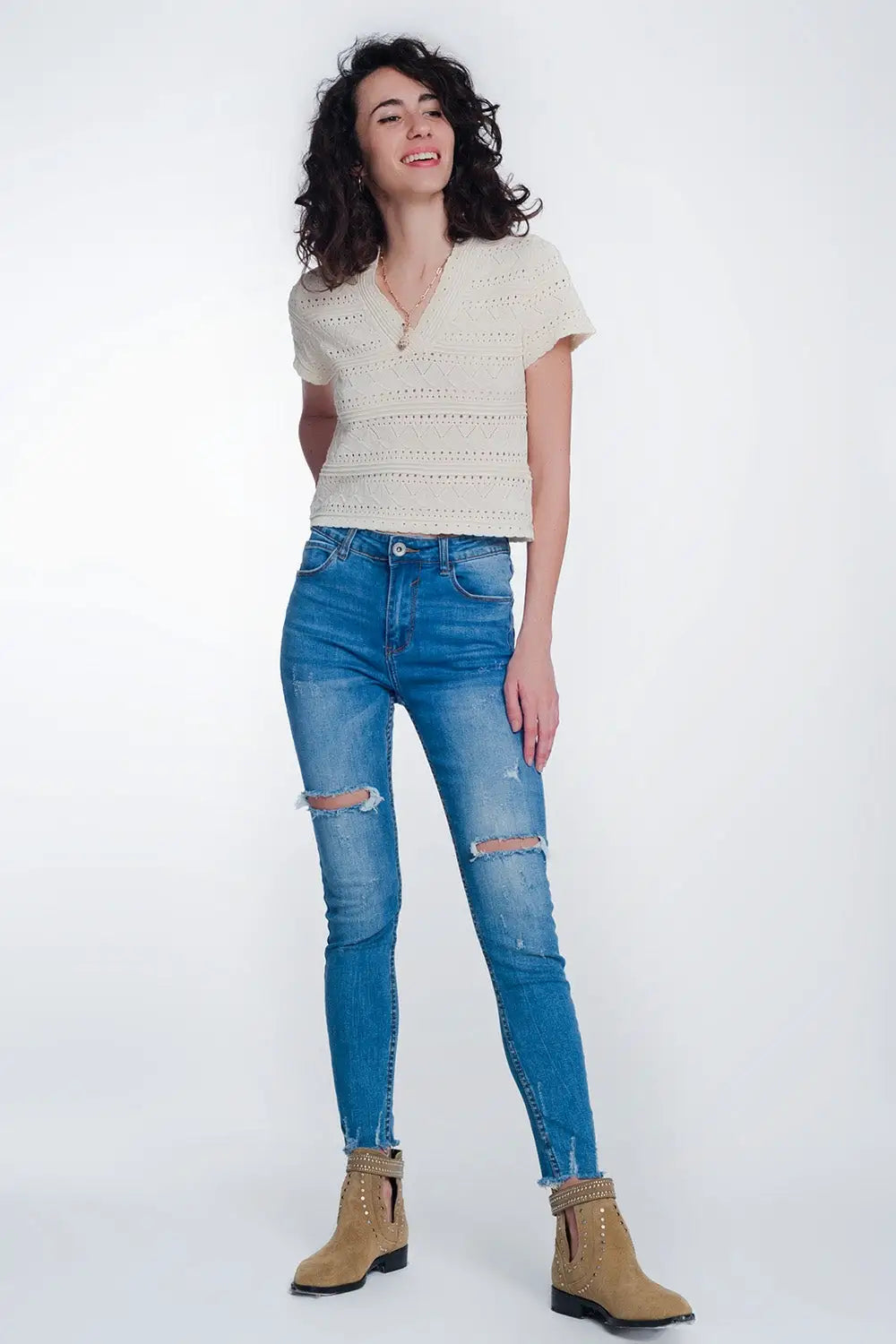 Mid denim super skinny jeans with holes in the knees - Jeans