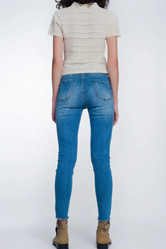 Mid denim super skinny jeans with holes in the knees - Jeans