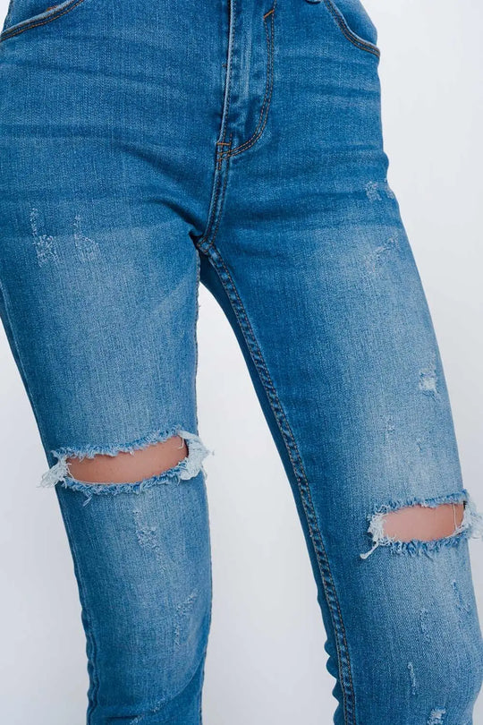 Mid denim super skinny jeans with holes in the knees - Jeans