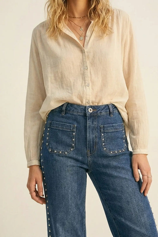 mid wash blue Flare-Leg Denim Jeans with Side Stud Detail - Jeans
