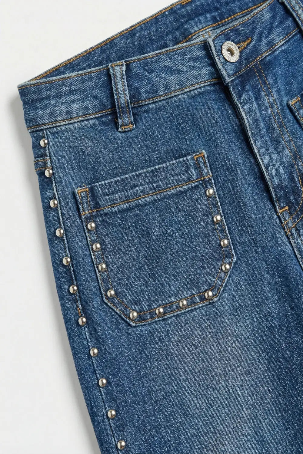 mid wash blue Flare-Leg Denim Jeans with Side Stud Detail - Jeans