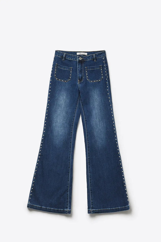 mid wash blue Flare-Leg Denim Jeans with Side Stud Detail - Jeans
