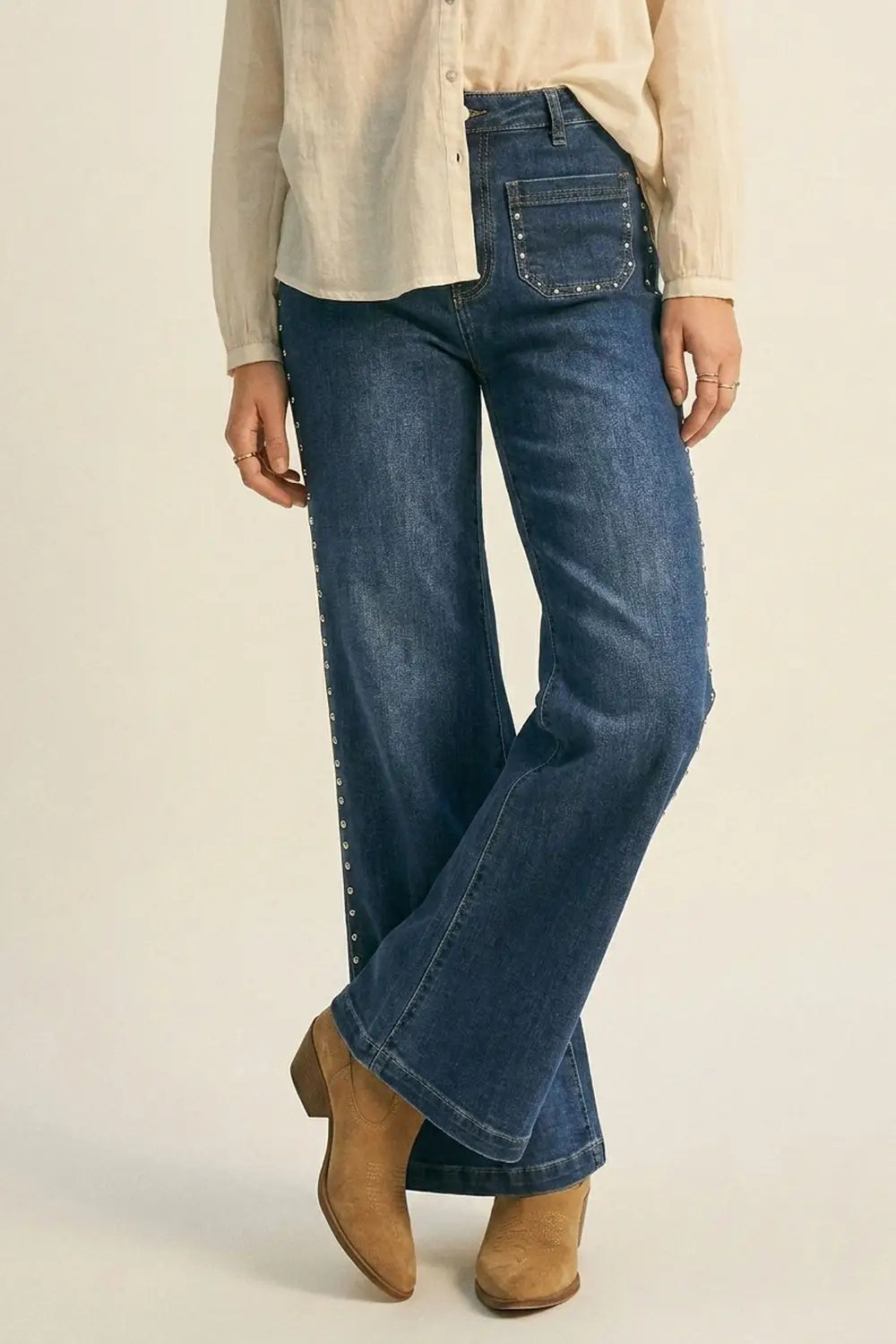 mid wash blue Flare-Leg Denim Jeans with Side Stud Detail - Jeans