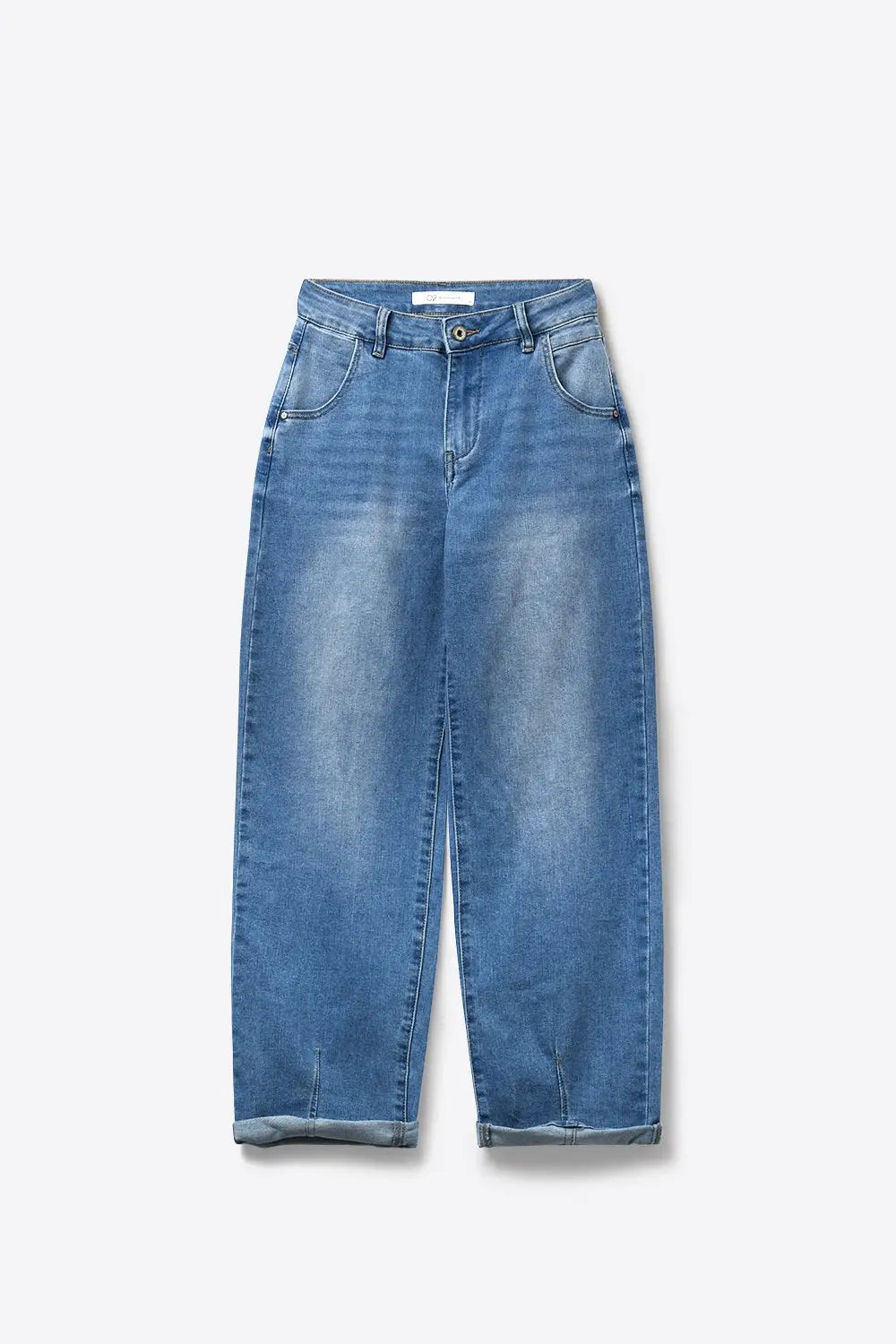 Mid-Wash Curved-Leg Jeans with Folded Hem Seam - Jeans