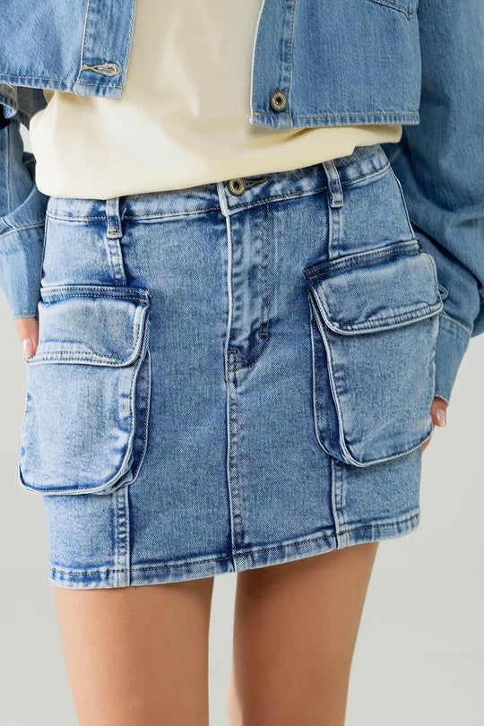 mid wash mini skirt with cargo pockets - Skirts