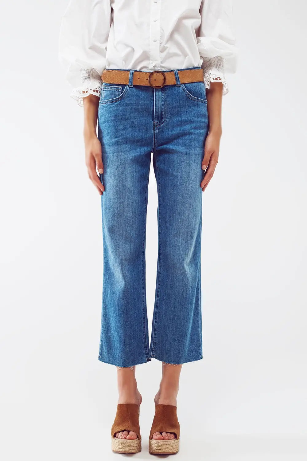 Mid Wash Straight Jeans With Raw Hem in Blue - Jeans