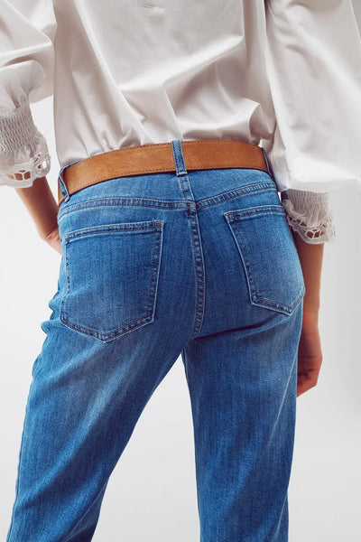 Mid Wash Straight Jeans With Raw Hem in Blue - Jeans