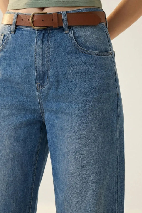 Mid-Wash Straight-Leg Denim Jeans with Rolled Cuffs - Jeans