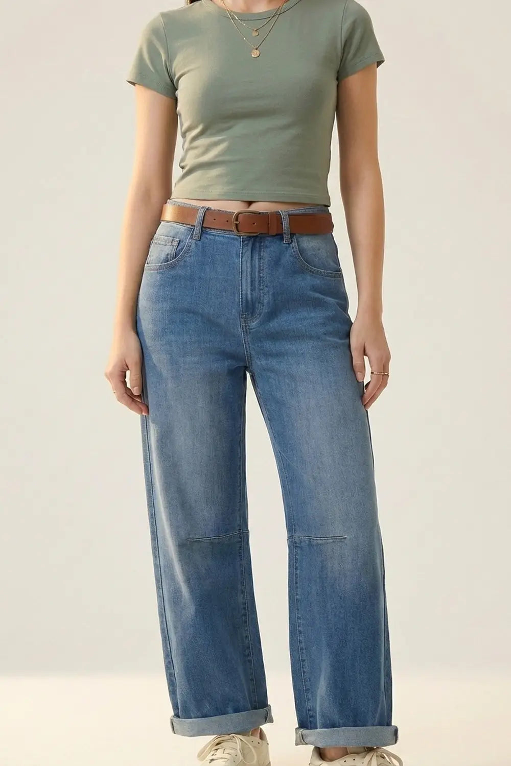 Mid-Wash Straight-Leg Denim Jeans with Rolled Cuffs - Jeans