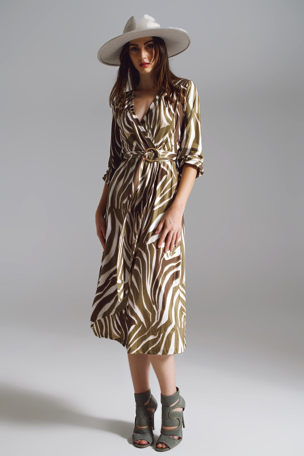 Q2 Midi Belted Wrap Dress in Olive Green and Cream Zebra Print