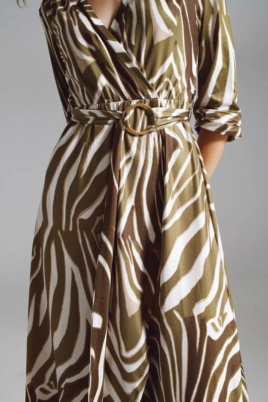 Midi Belted Wrap Dress in Olive Green and Cream Zebra Print - Dresses