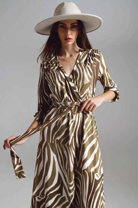 Midi Belted Wrap Dress in Olive Green and Cream Zebra Print - Dresses