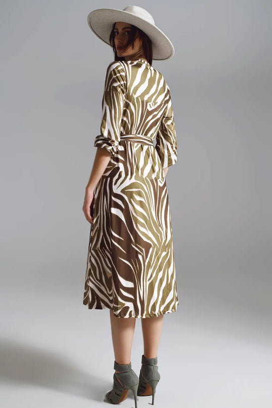 Midi Belted Wrap Dress in Olive Green and Cream Zebra Print - Dresses