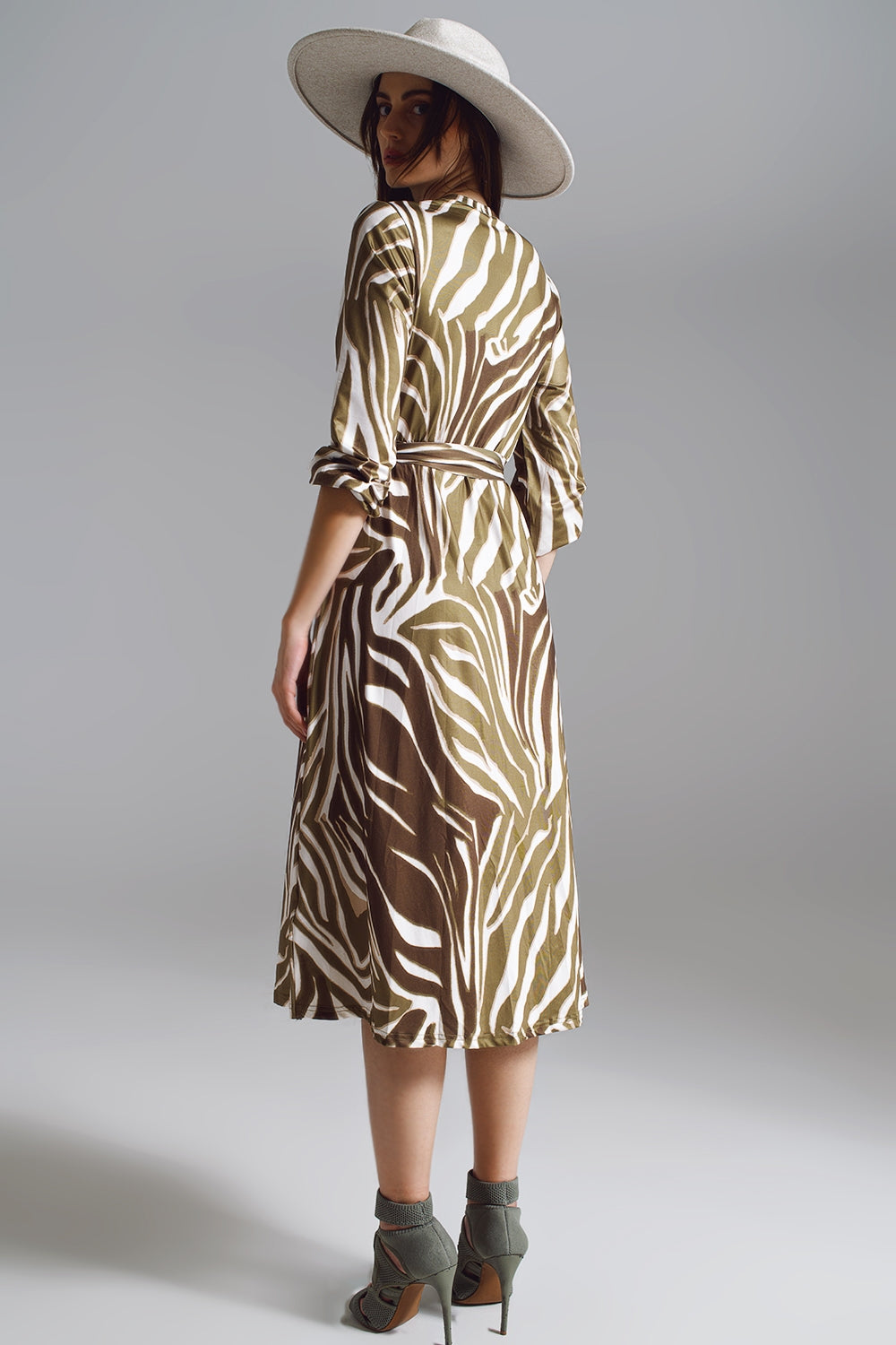 Midi Belted Wrap Dress in Olive Green and Cream Zebra Print