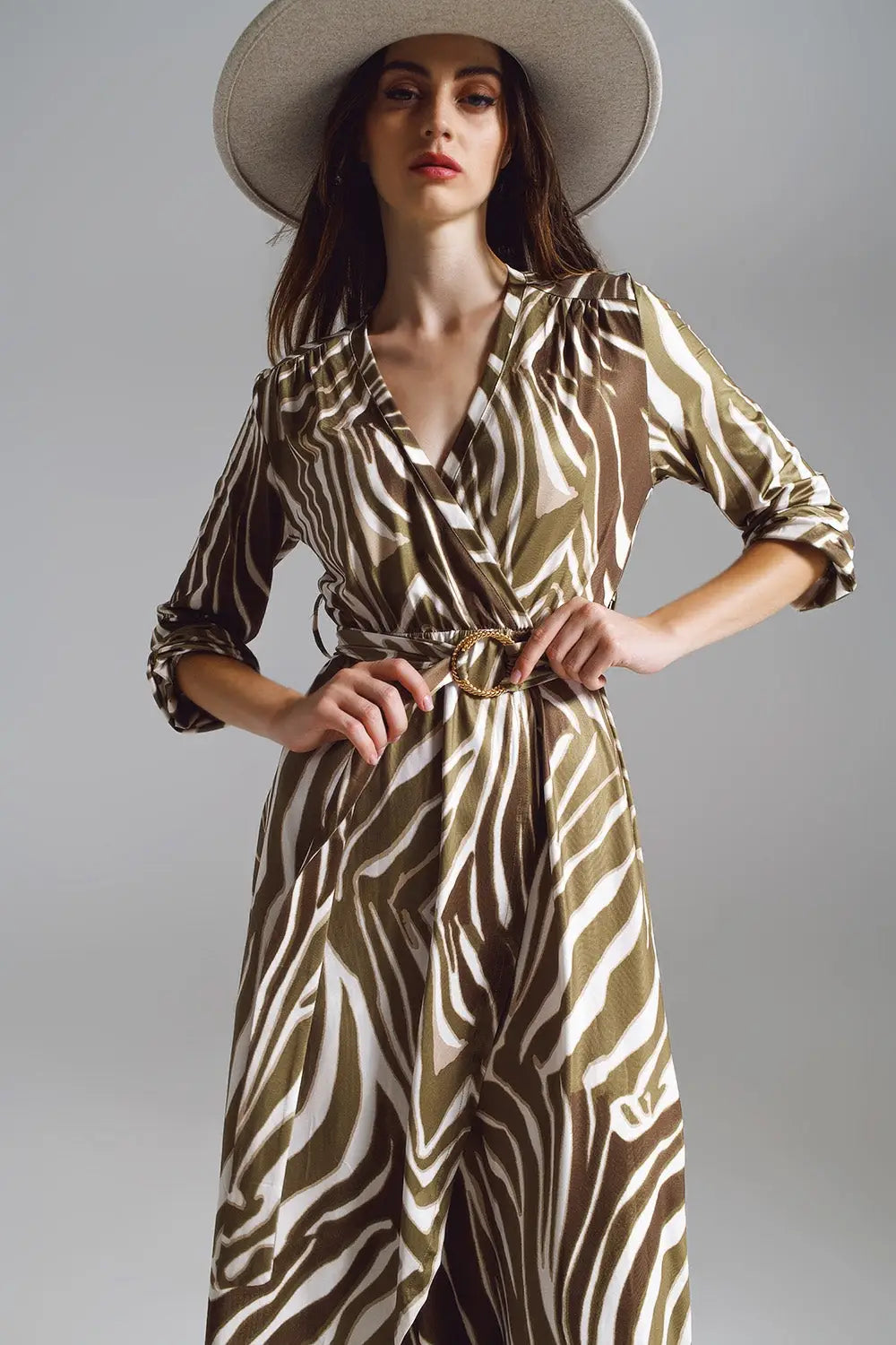 Midi Belted Wrap Dress in Olive Green and Cream Zebra Print - Dresses