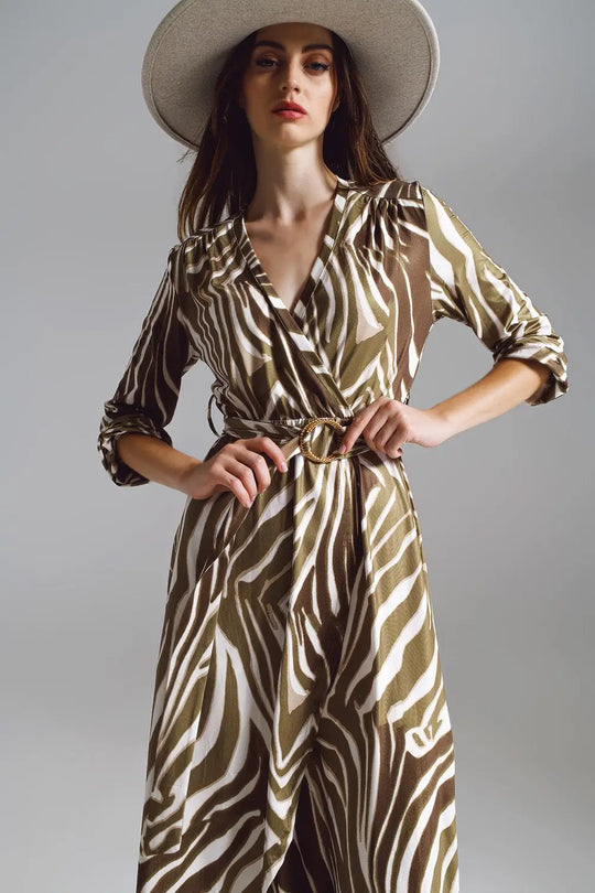 Midi Belted Wrap Dress in Olive Green and Cream Zebra Print - Dresses