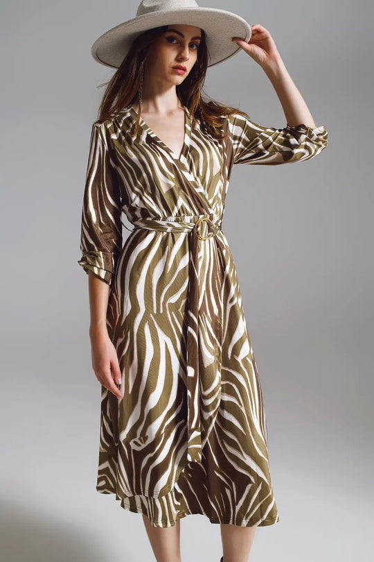 Midi Belted Wrap Dress in Olive Green and Cream Zebra Print - Dresses
