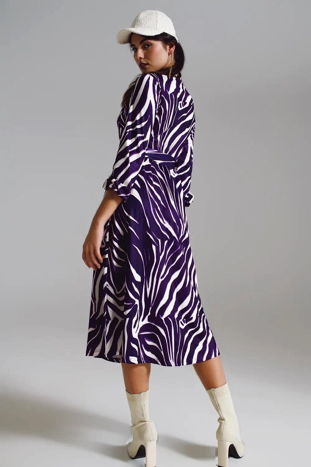 Midi Belted Wrap Dress in Purple and Cream Zebra Print - Dresses