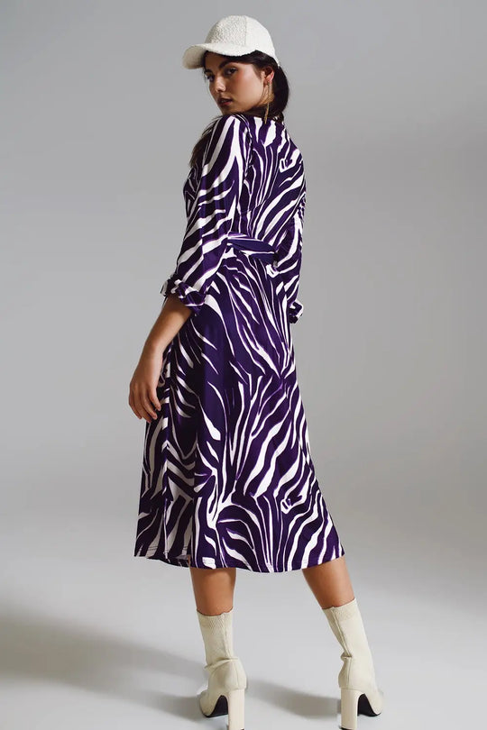 Midi Belted Wrap Dress in Purple and Cream Zebra Print - Dresses