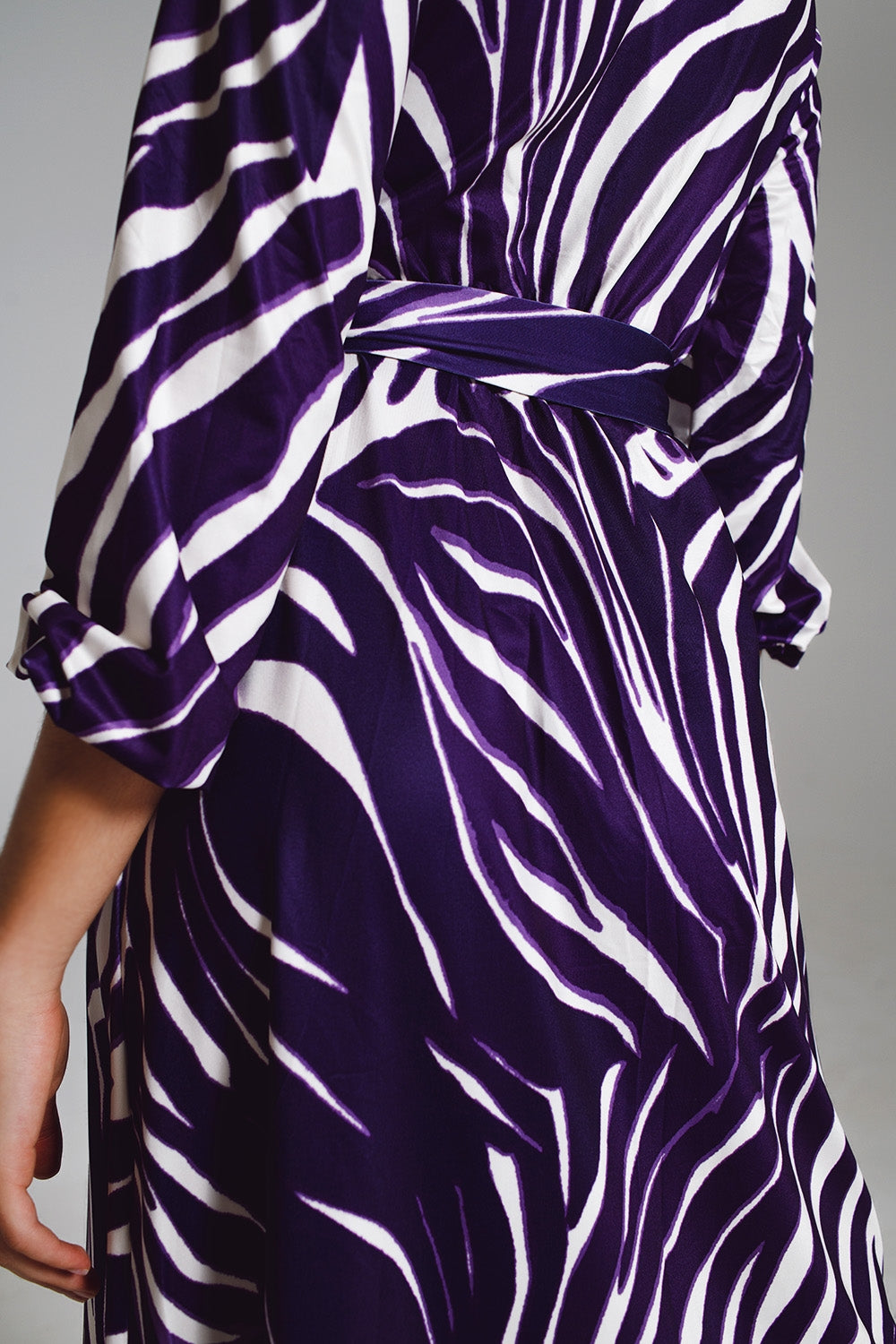 Midi Belted Wrap Dress in Purple and Cream Zebra Print