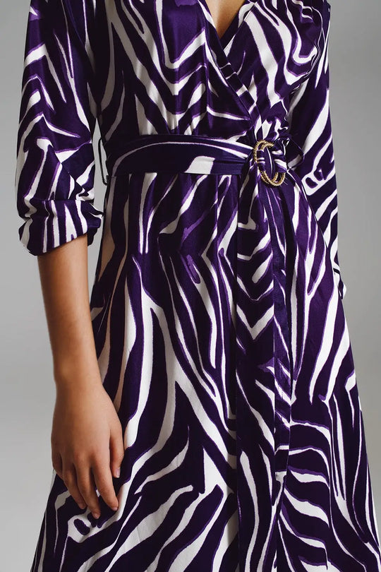 Midi Belted Wrap Dress in Purple and Cream Zebra Print - Dresses
