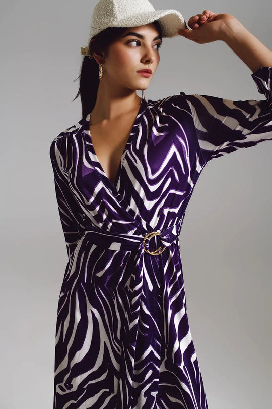 Midi Belted Wrap Dress in Purple and Cream Zebra Print - Dresses
