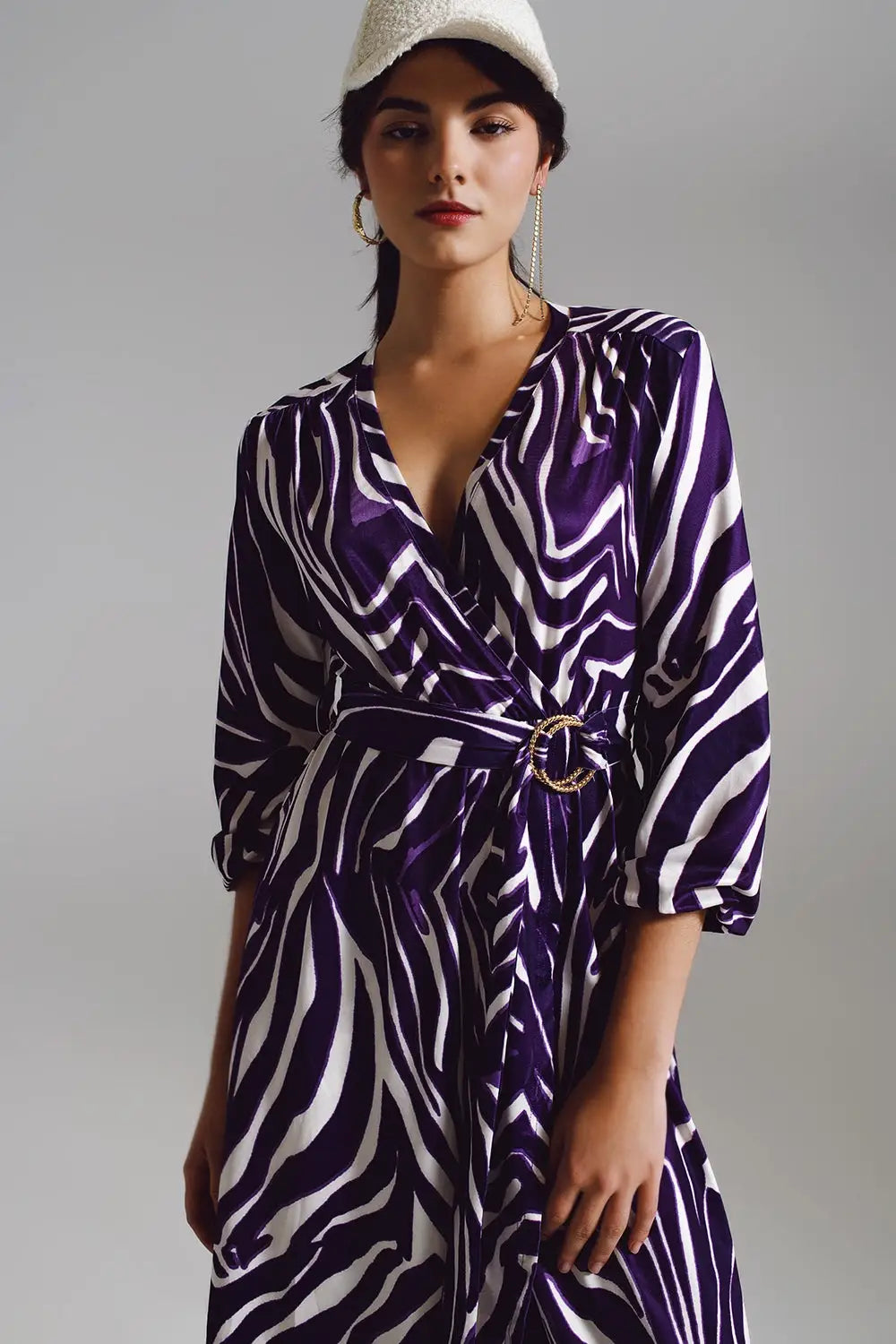 Midi Belted Wrap Dress in Purple and Cream Zebra Print - Dresses